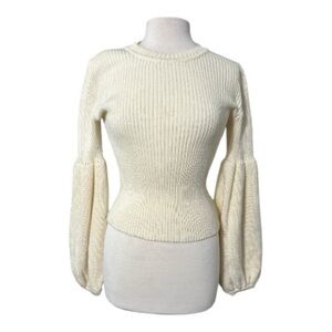 KSENIA SCHNAIDER, Cream Ribbed Knit Sweater with Balloon Sleeves